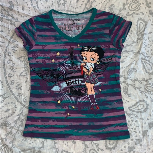 Betty Boop Tops - Betty Boop Green Purple Stripe T Shirt